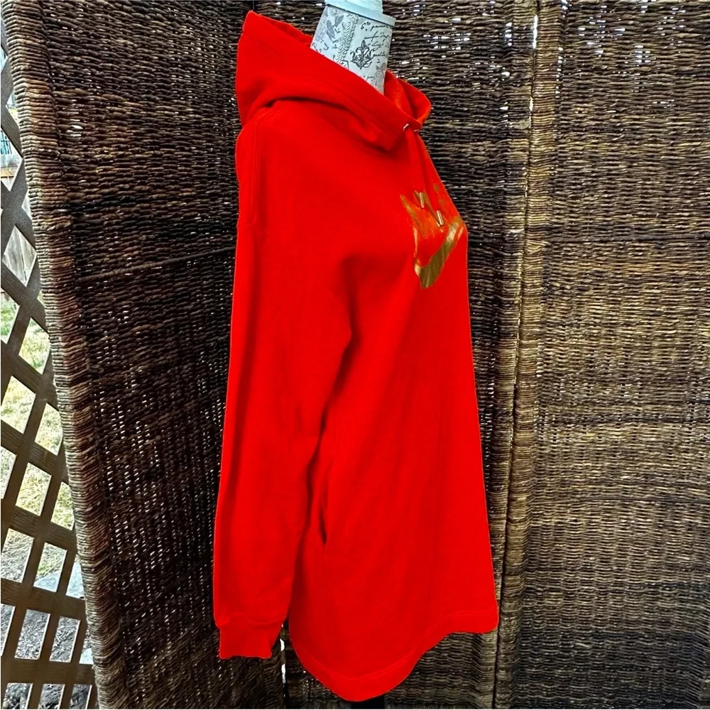 Nike Red Hoodie Dress Tunic Metallic Gold Swoosh Warm Fleece Lined
